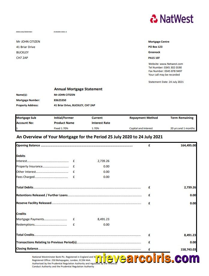 United Kingdom NatWest bank statement in .xls and .pdf file format